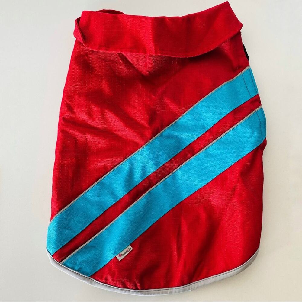 Red Blue Striped Grey Hook Loop Rain Coat Jacket Lined Leash Hole Dog Puppy